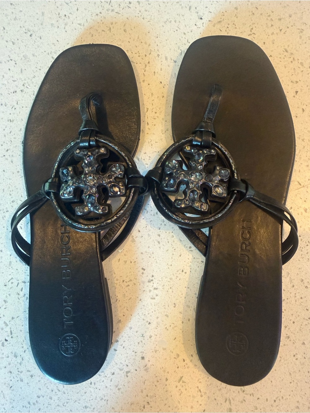 Tory Burch Black Logo Medallion Sandal with Crystal Accents